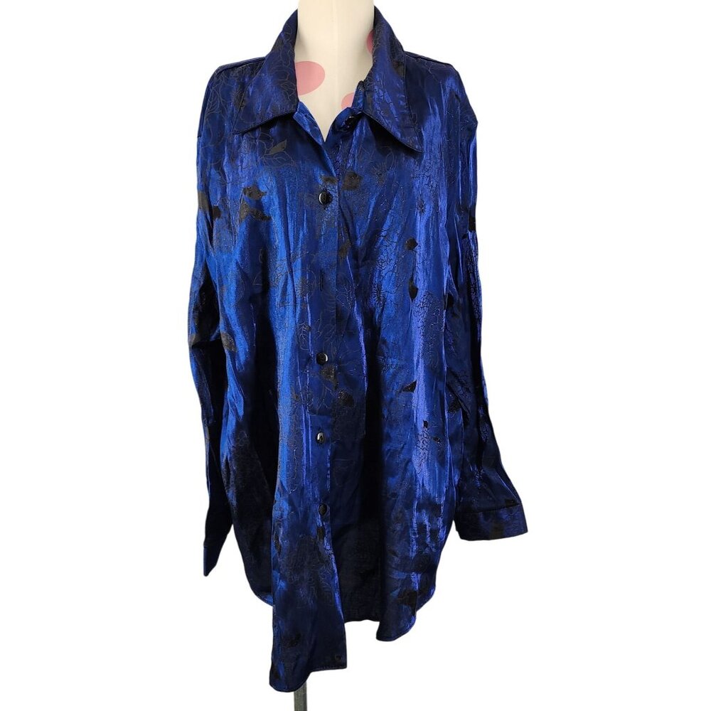 Vintage Women's A Personal Touch Button Down Shimmer Blue Floral Blouse 24W USA